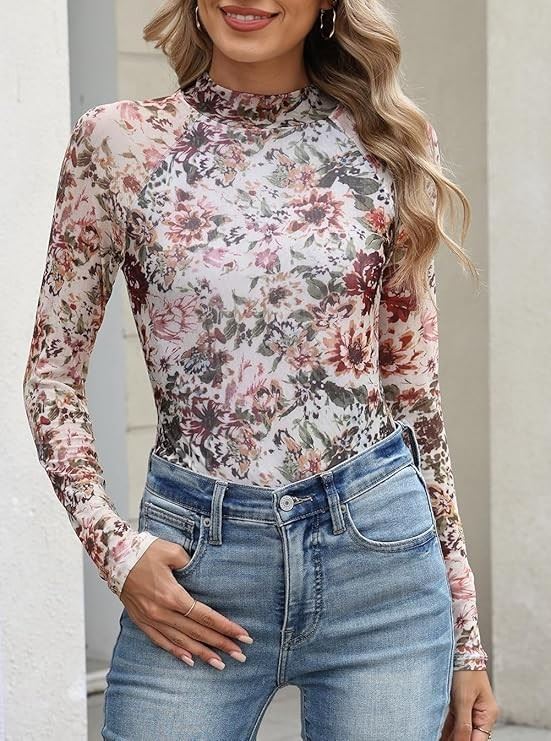Women Dressy Mock Turtleneck Floral Mesh Thong Bodysuits Fall Fashion suppliers